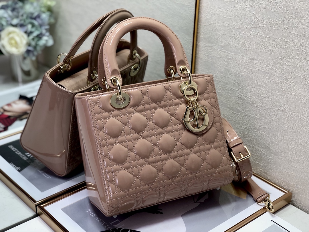 Medium Lady Dior Bag Powder Beige Patent Cannage Calfskin